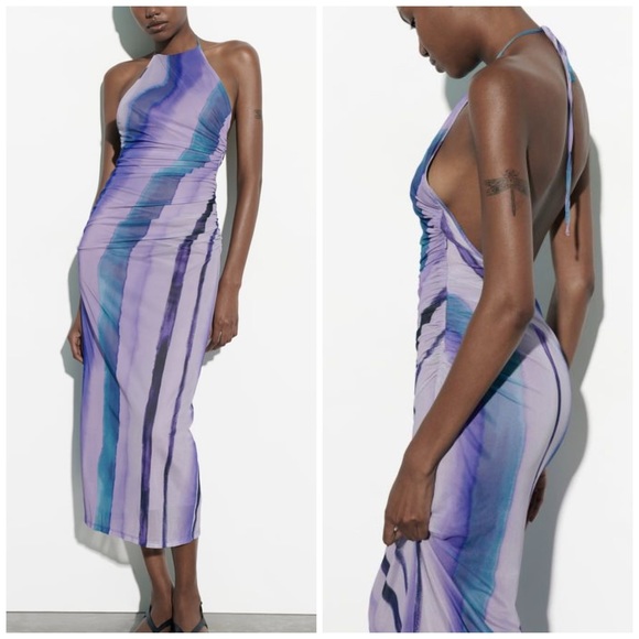 Zara Printed Tulle Mesh Halter Top Open Back Bodycon Midi Dress - Picture 1 of 15
